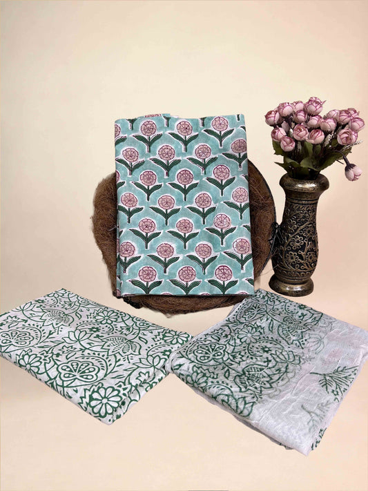 Mated teal Chiffon Handblock Printed Cotton Suit Set