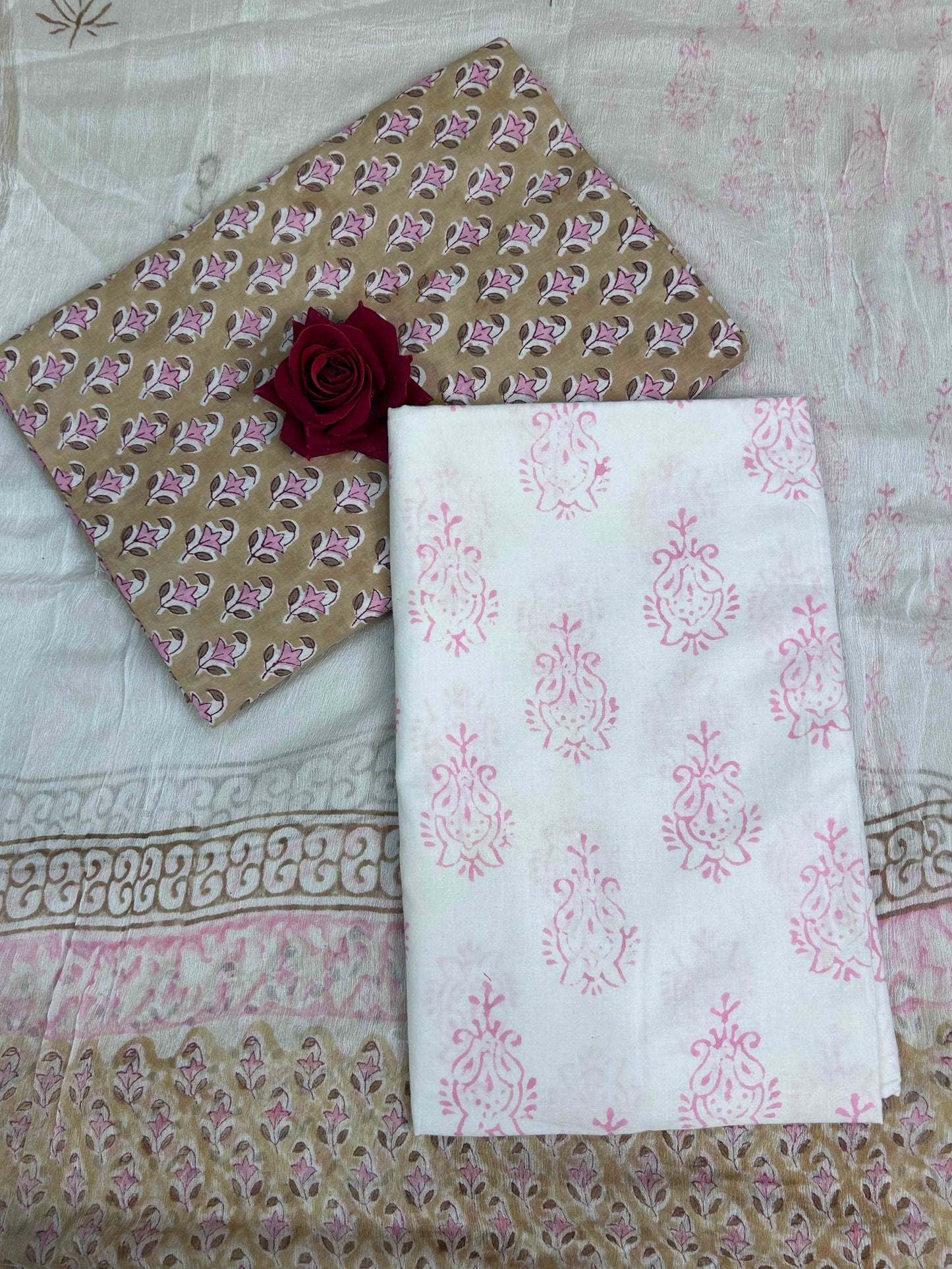 Khaki Brown Chiffon Handblock Printed Suit Set