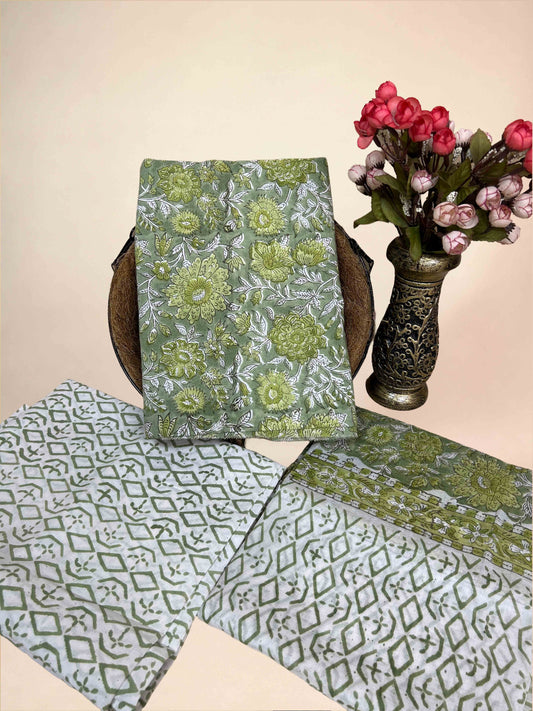 Sage Green Cotton Dupatta Three- Piece Suits