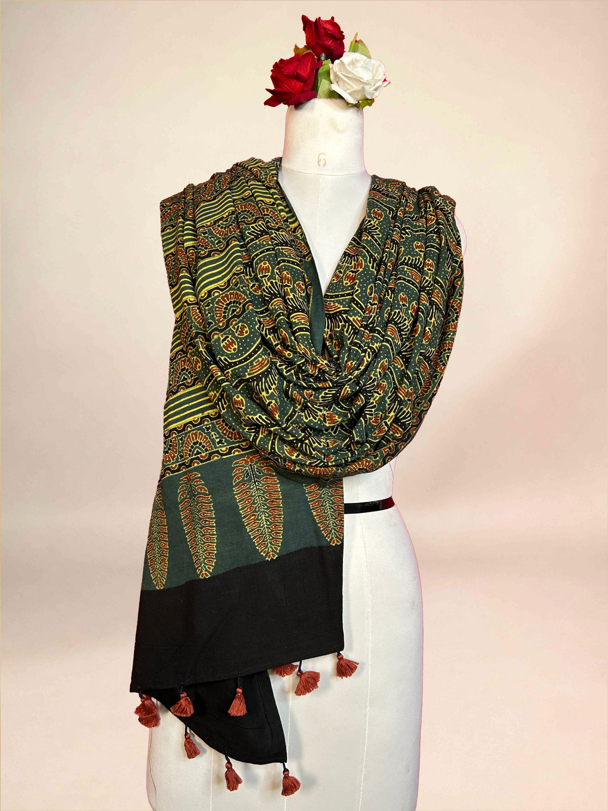 Dark Green Ajarkh Cotton Handblock Printed Dupatta