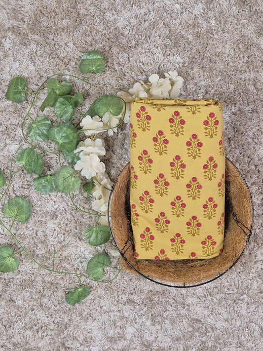 Multicolor Discharge Hand Print Cotton Fabric | Butter Yellow