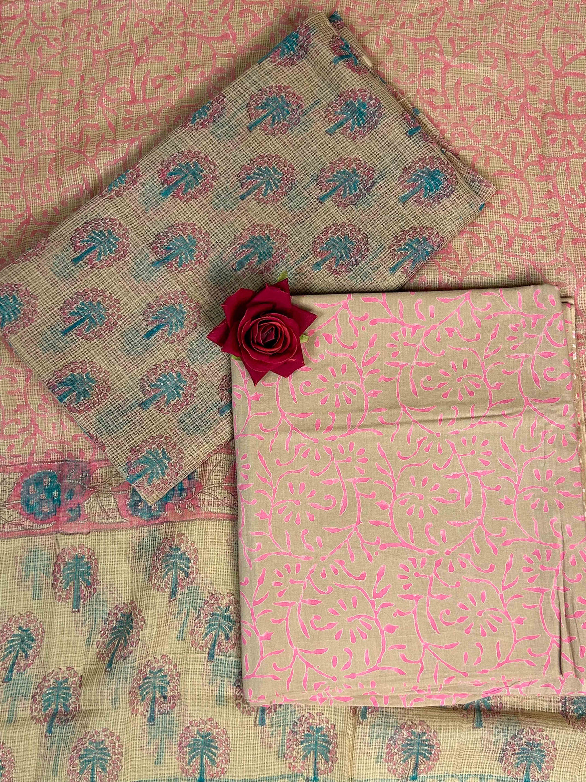 Beige Full Kota Handblock Printed Cotton Suit Set