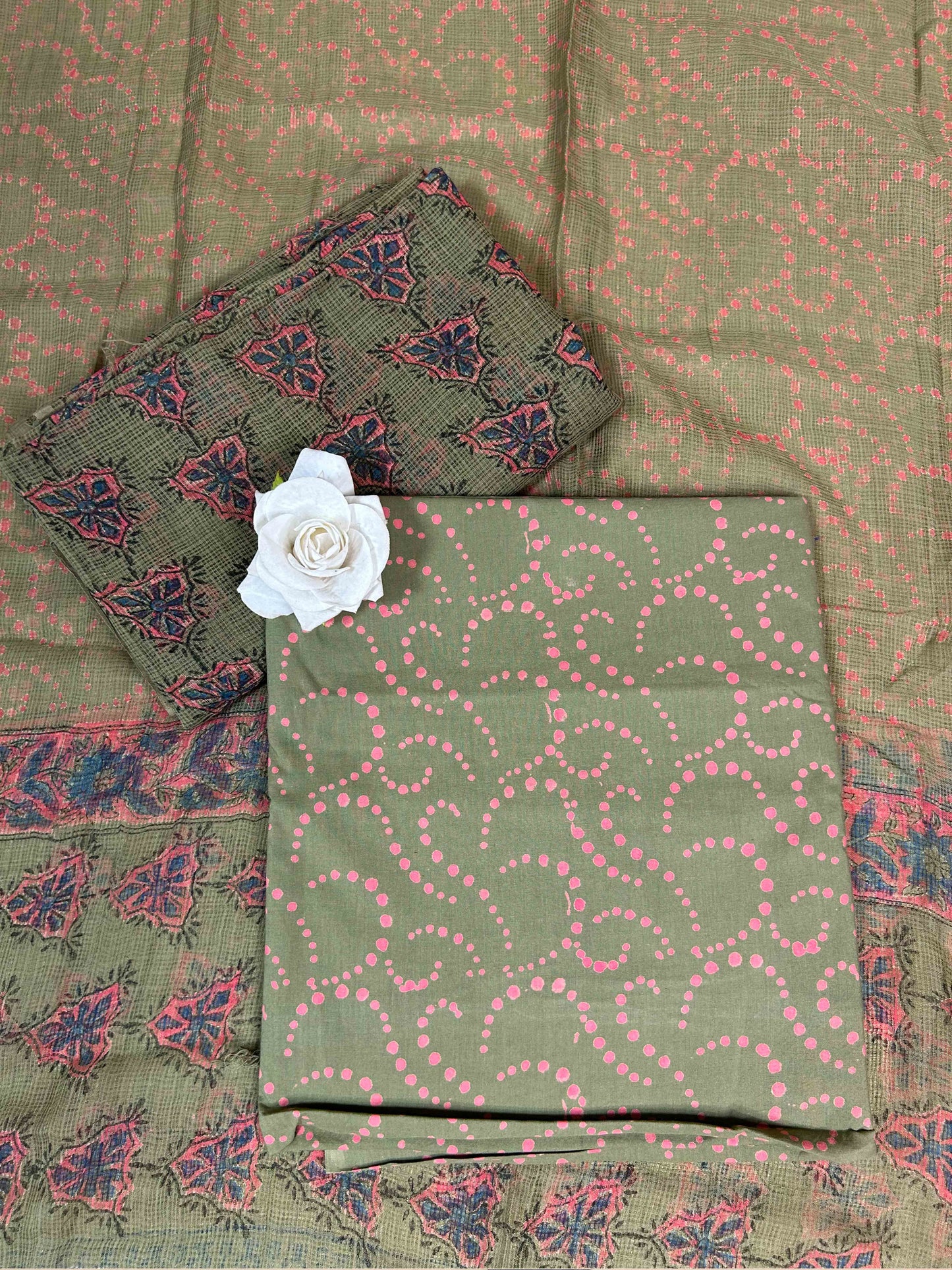 Olive Full Kota Handblock Printed Cotton Suit Set