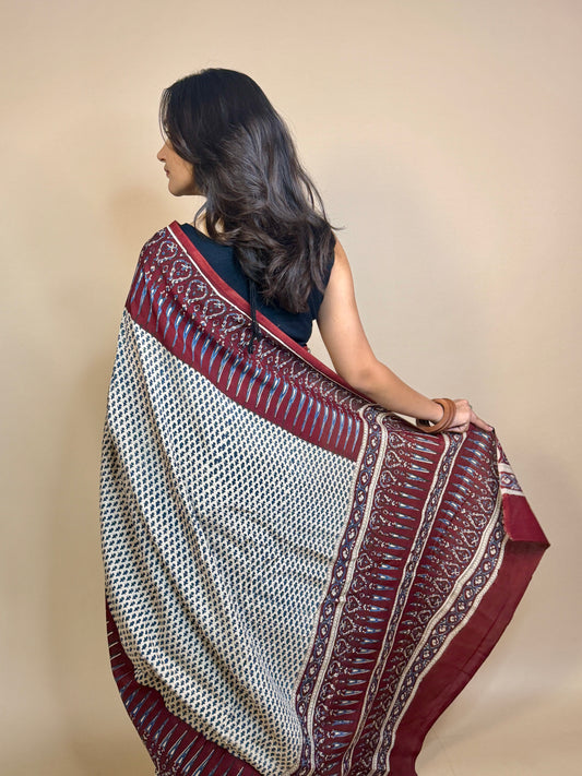 Pearl Grey Saudagiri Assam Silk Handblock Printed Saree