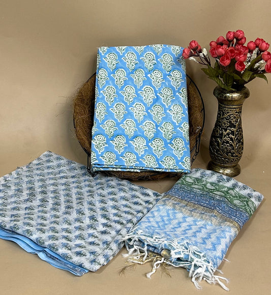 Sky Blue Full Kota Handblock Printed Cotton Suit Set
