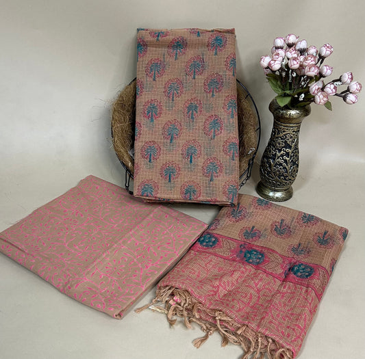 Beige Full Kota Handblock Printed Cotton Suit Set