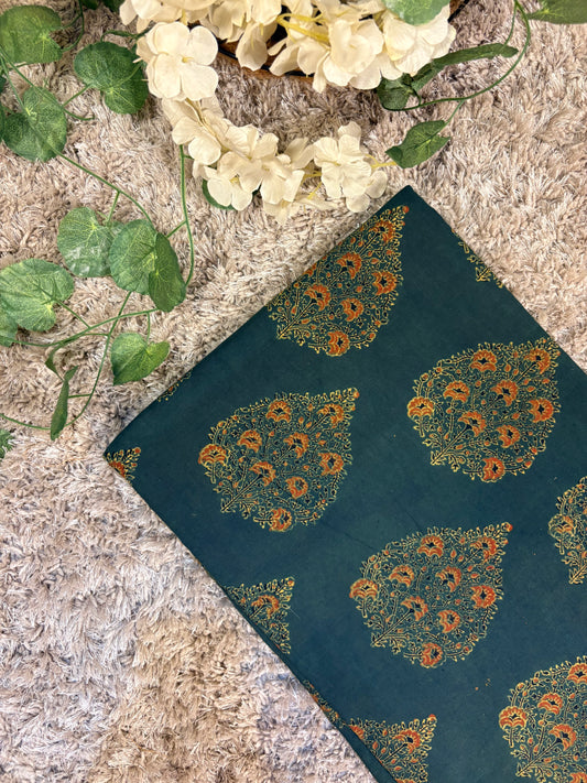Forest Green Super Ajrakh Handblock Printed Fabric | Forest Green