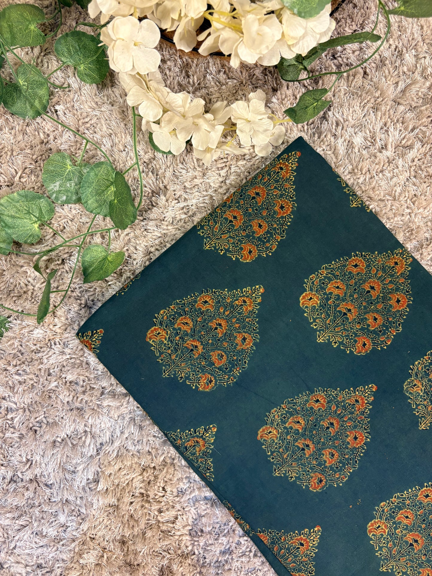 Forest Green Super Ajrakh Handblock Printed Fabric | Forest Green