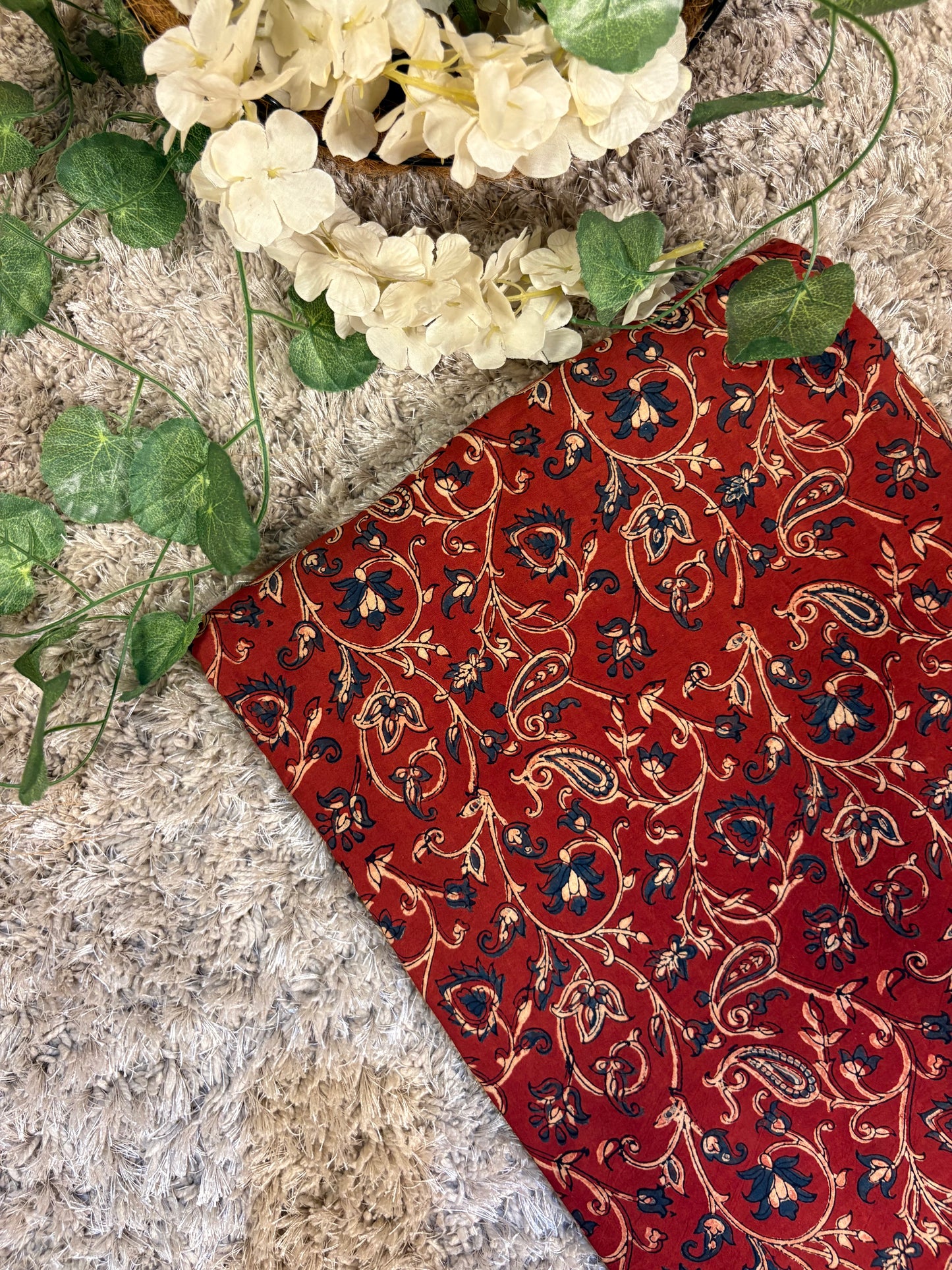 Rust Red Super Ajrakh Handblock Printed Fabric | Rust Red
