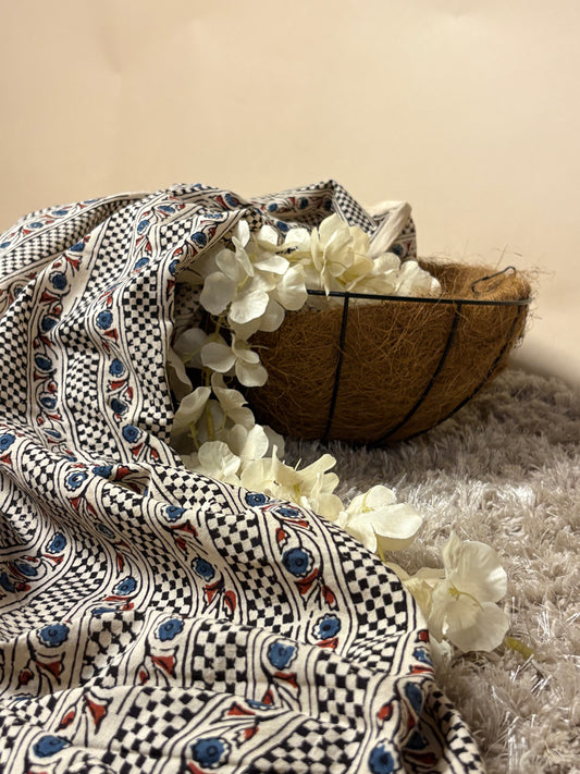 Ivory Super Ajrakh Handblock Printed Fabric | Ivory