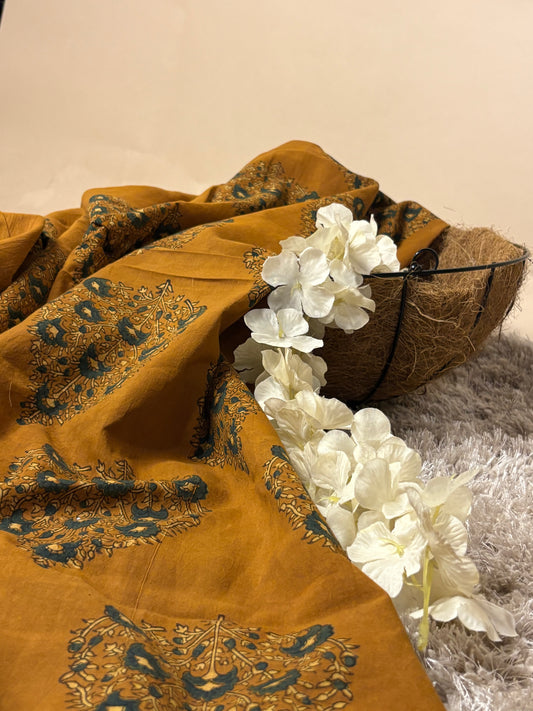 Mustard Super Ajrakh Handblock Printed Fabric | Mustard