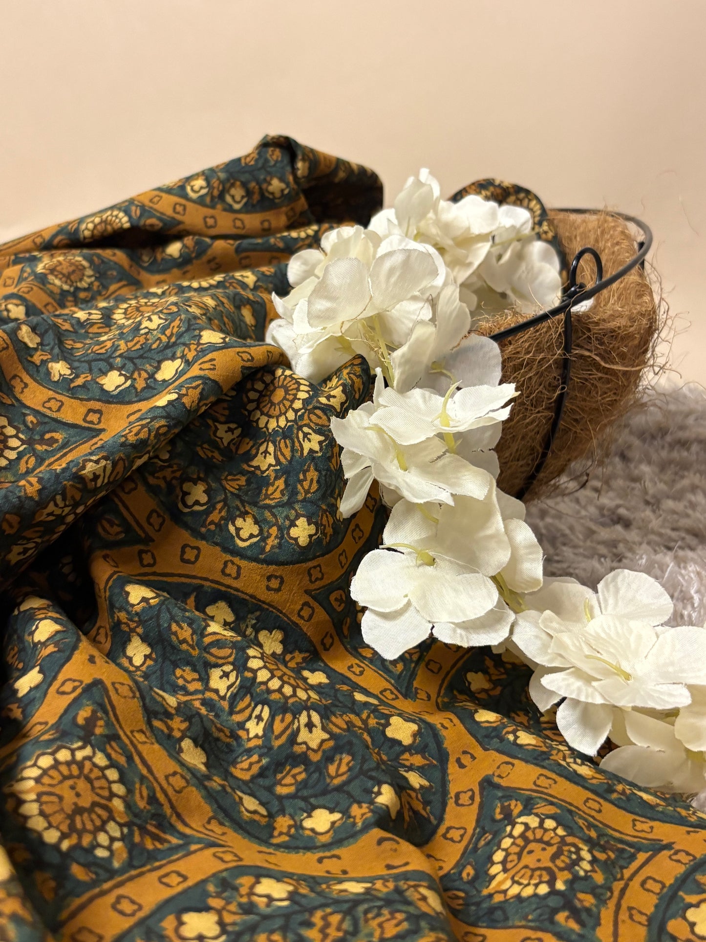 Mustard Super Ajrakh Handblock Printed Fabric | Mustard