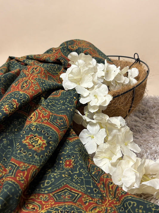 Forest Green Super Ajrakh Handblock Printed Fabric | Forest Green