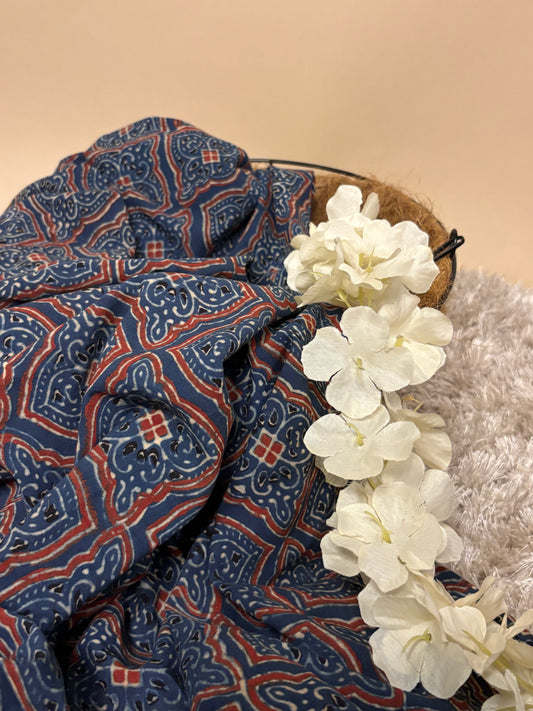 Indigo Blue Super Ajrakh Handblock Printed Fabric | Indigo Blue