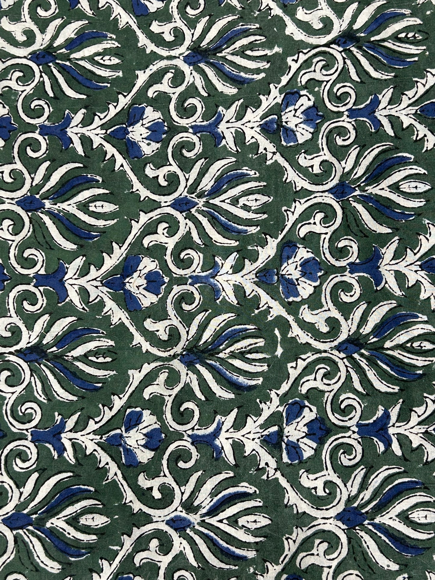Dark Green Botanical Scroll Fakira Hand Block Printed Fabric