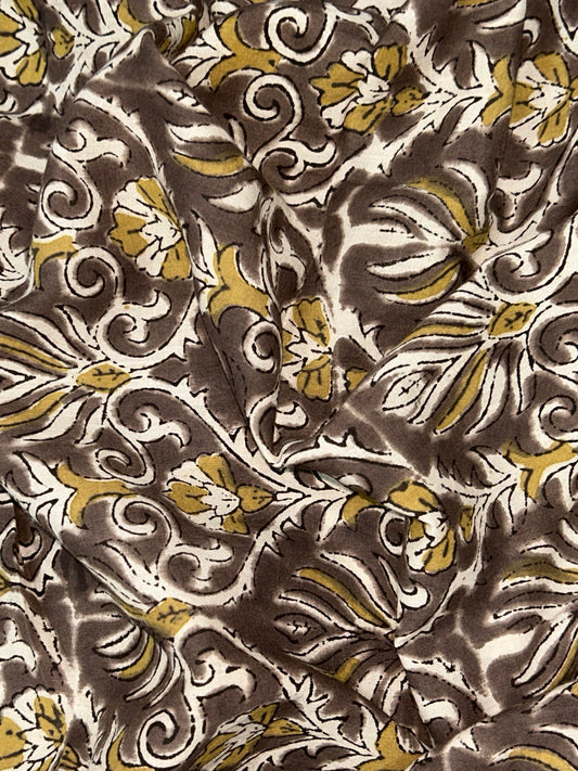 Brown Ornamental Vine Fakira Hand Block Printed Fabric