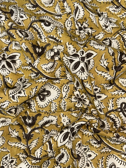 Mustard Botanical Floral Vine Fakira Hand Block Printed Fabric