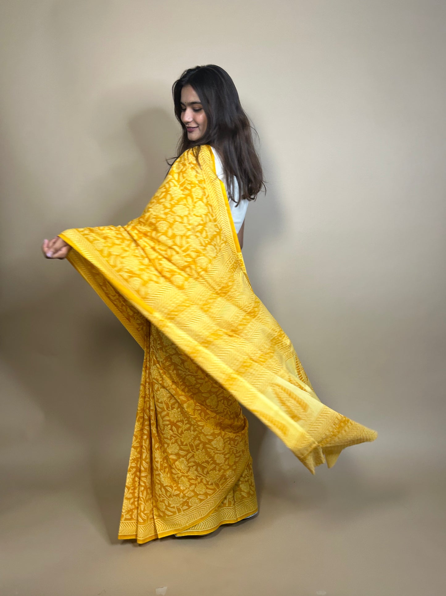 Yellow Pastel Poetry Handblock Printed Cotton Saree