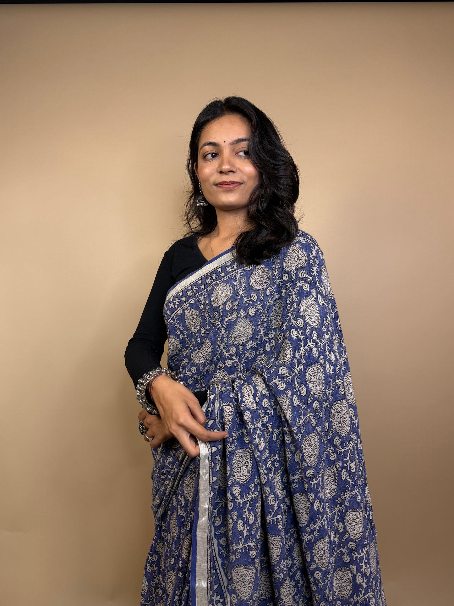 Handblock Printed Linen Saree