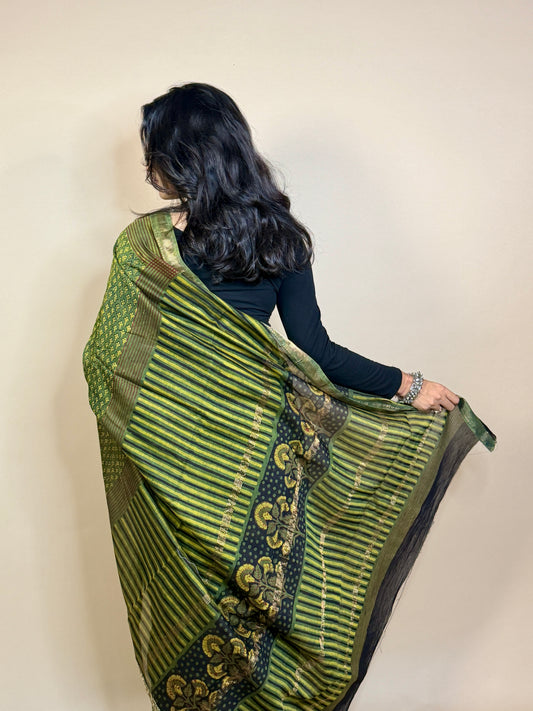 Olive green Maheshwari Handblock Printed Silk Saree