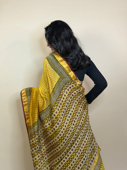 Butter Yellow Maheshwari Handblock Printed Silk Saree
