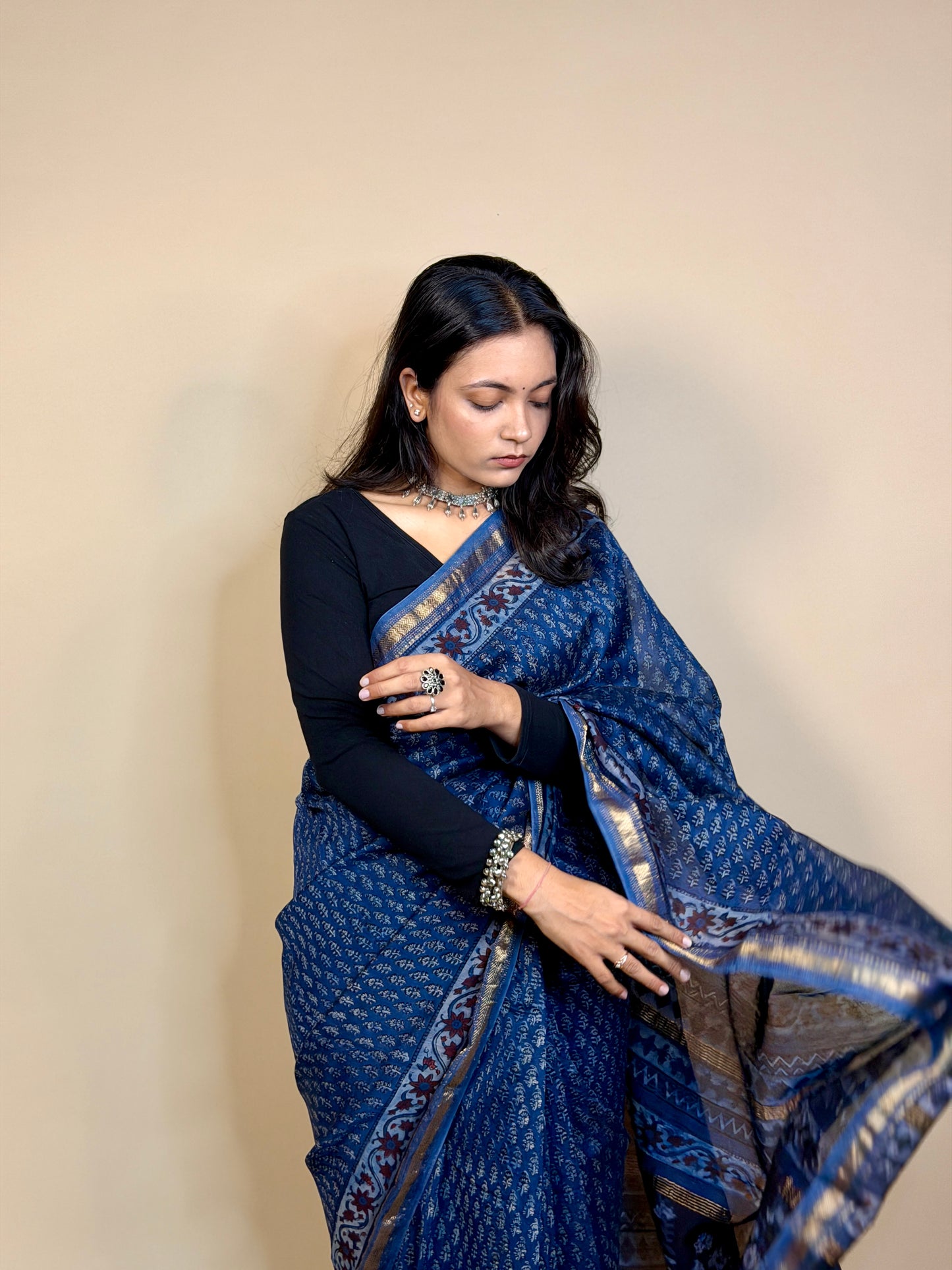 Maheshwari Handblock Printed Silk Saree