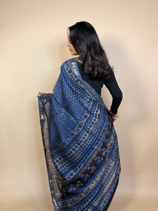 Blue Maheshwari Handblock Printed Silk Saree