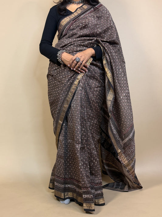 Grey Maheshwari Handblock Printed Silk Saree