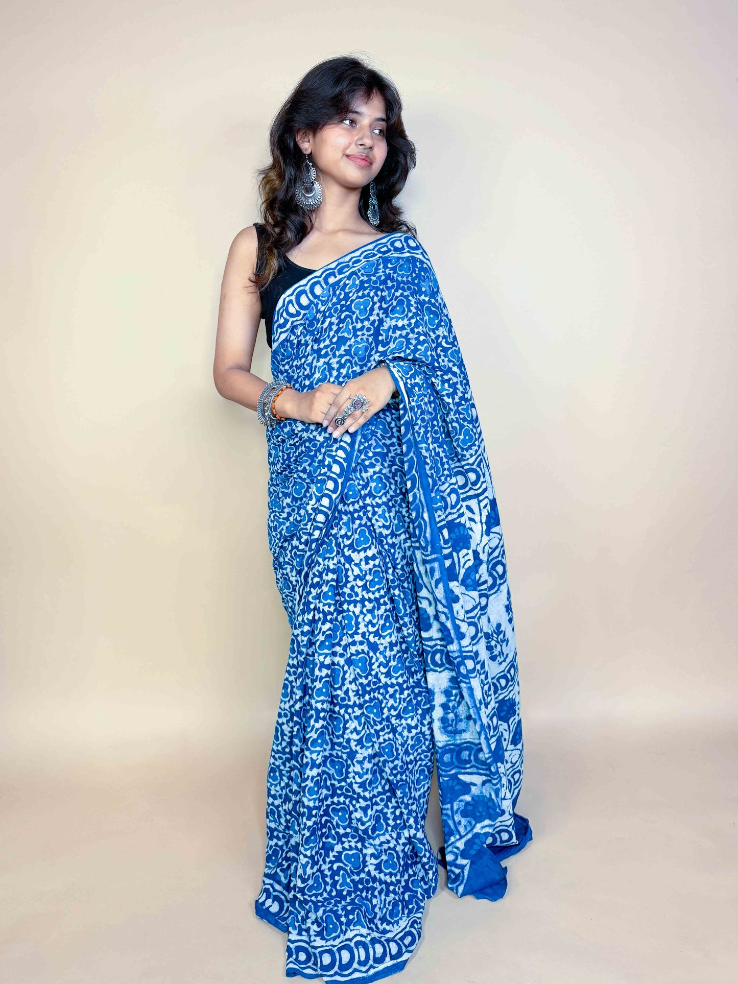 Indigo Blue Handblock Printed Cotton Saree