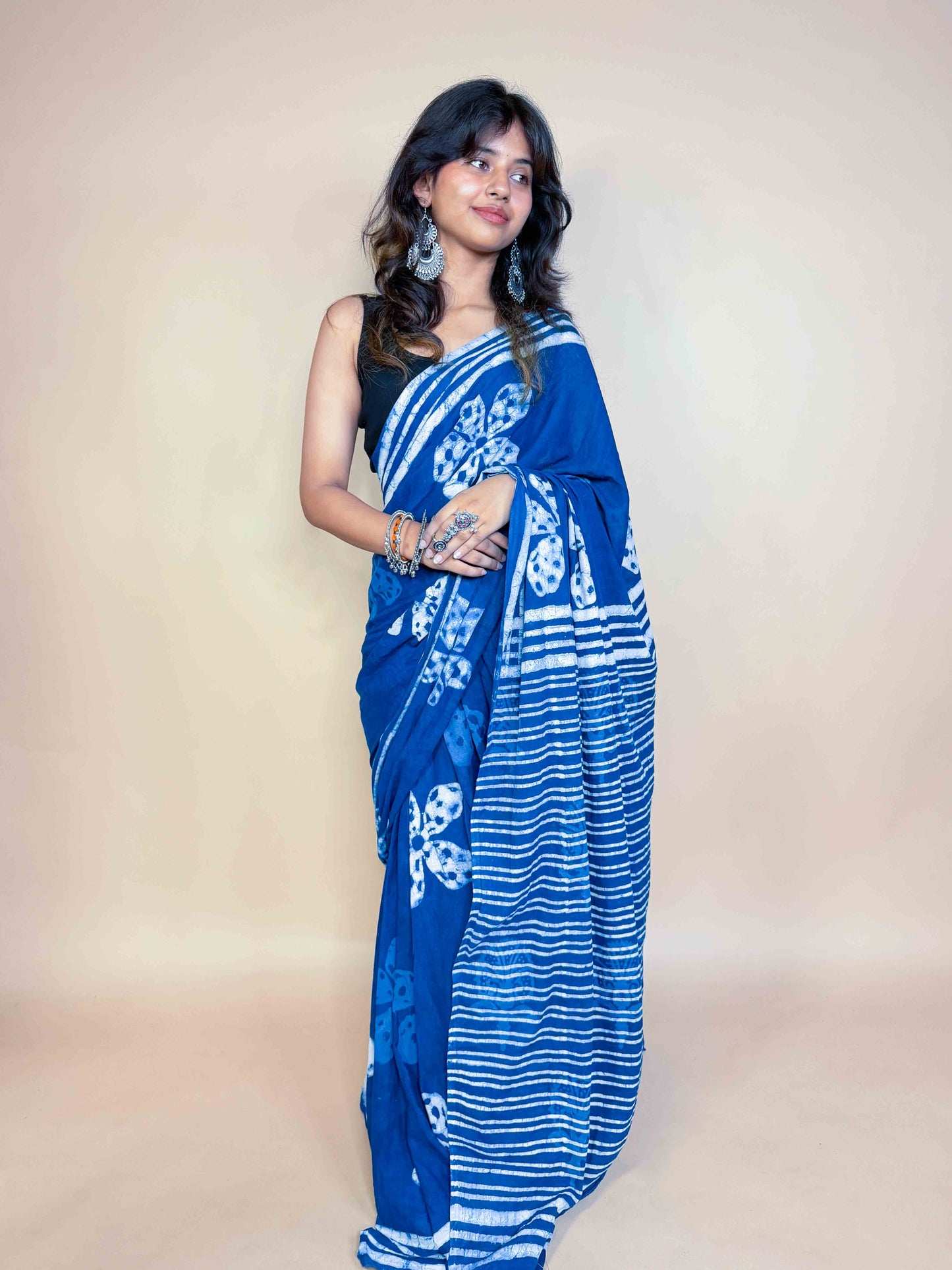 Indigo Blue Handblock Printed Cotton Saree