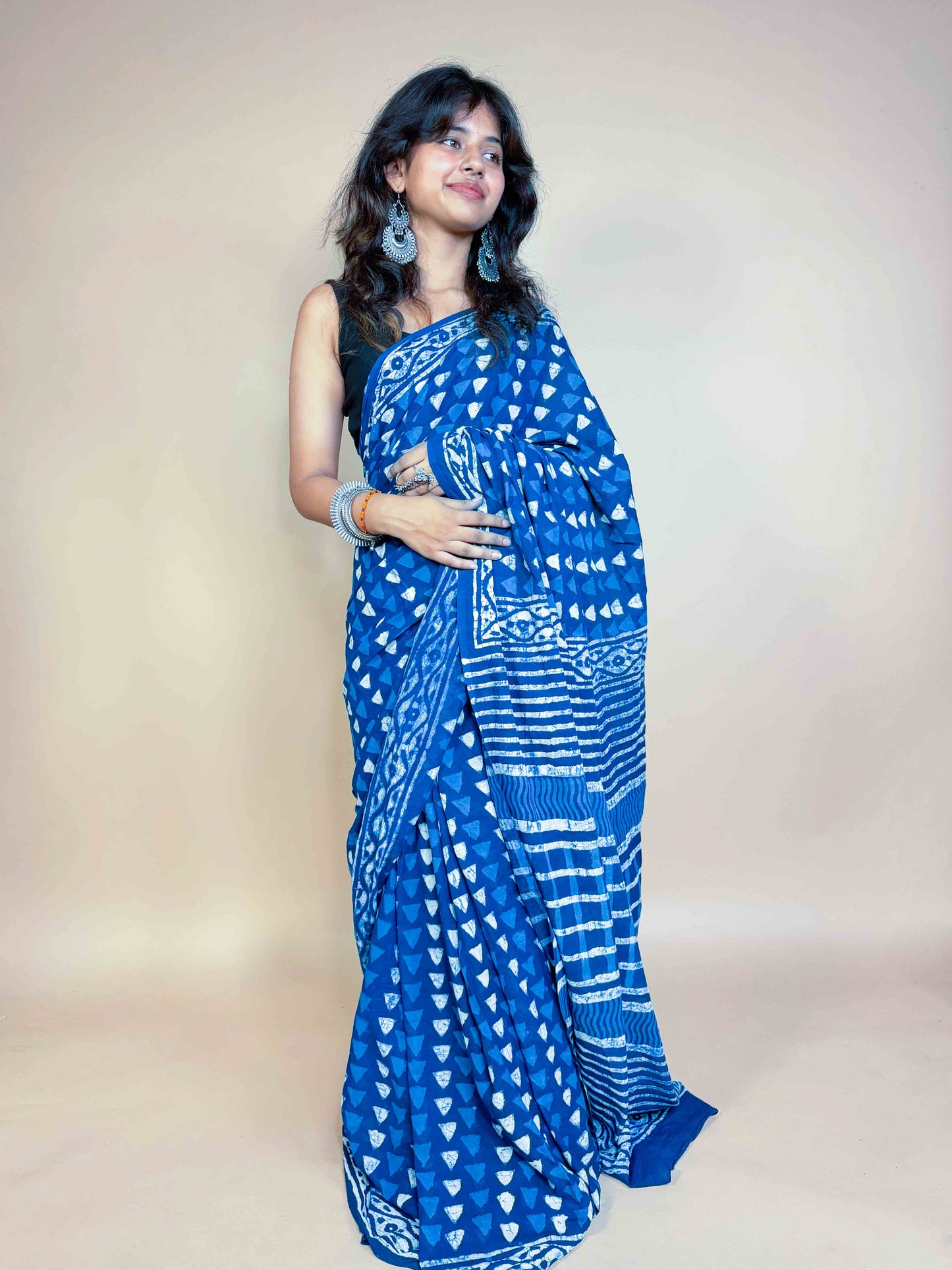 Indigo Blue Handblock Printed Cotton Saree