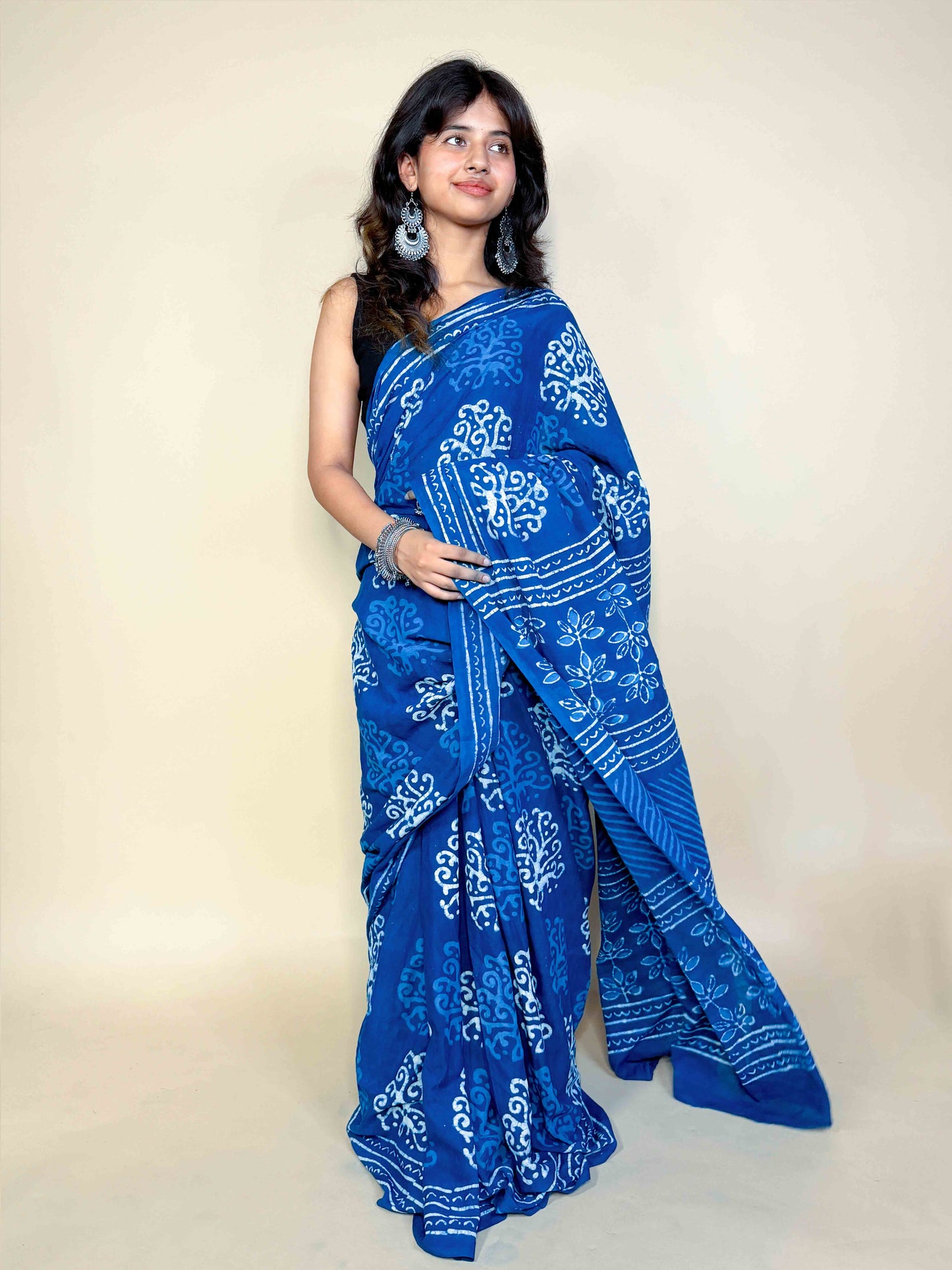 Indigo Blue Handblock Printed Cotton Saree