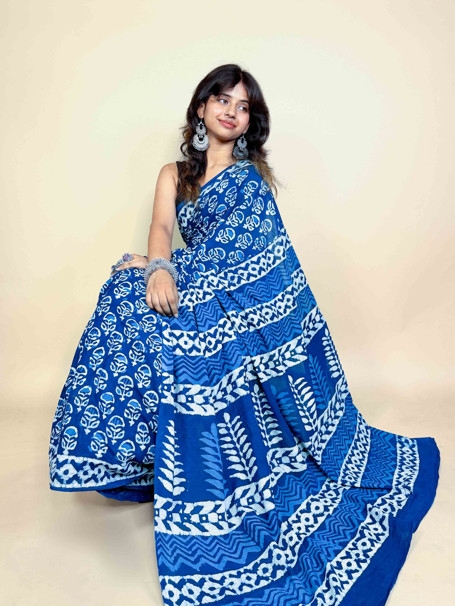 Indigo Blue Handblock Printed Cotton Saree