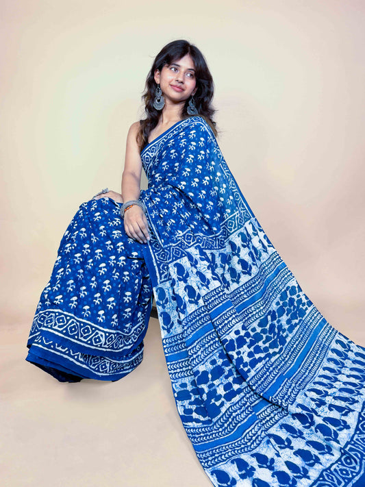 Indigo Blue Handblock Printed Cotton Saree