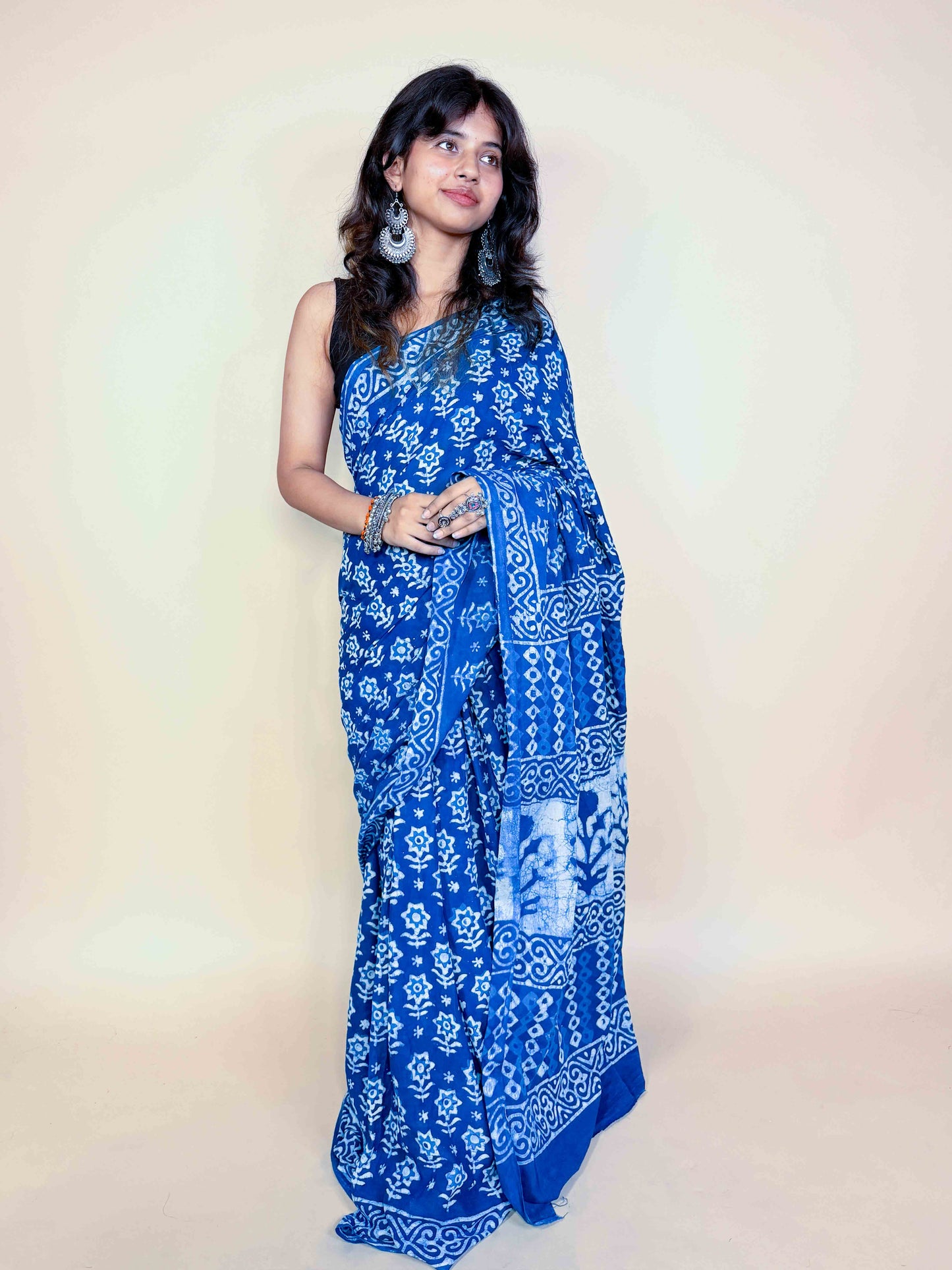Indigo Blue Handblock Printed Cotton Saree