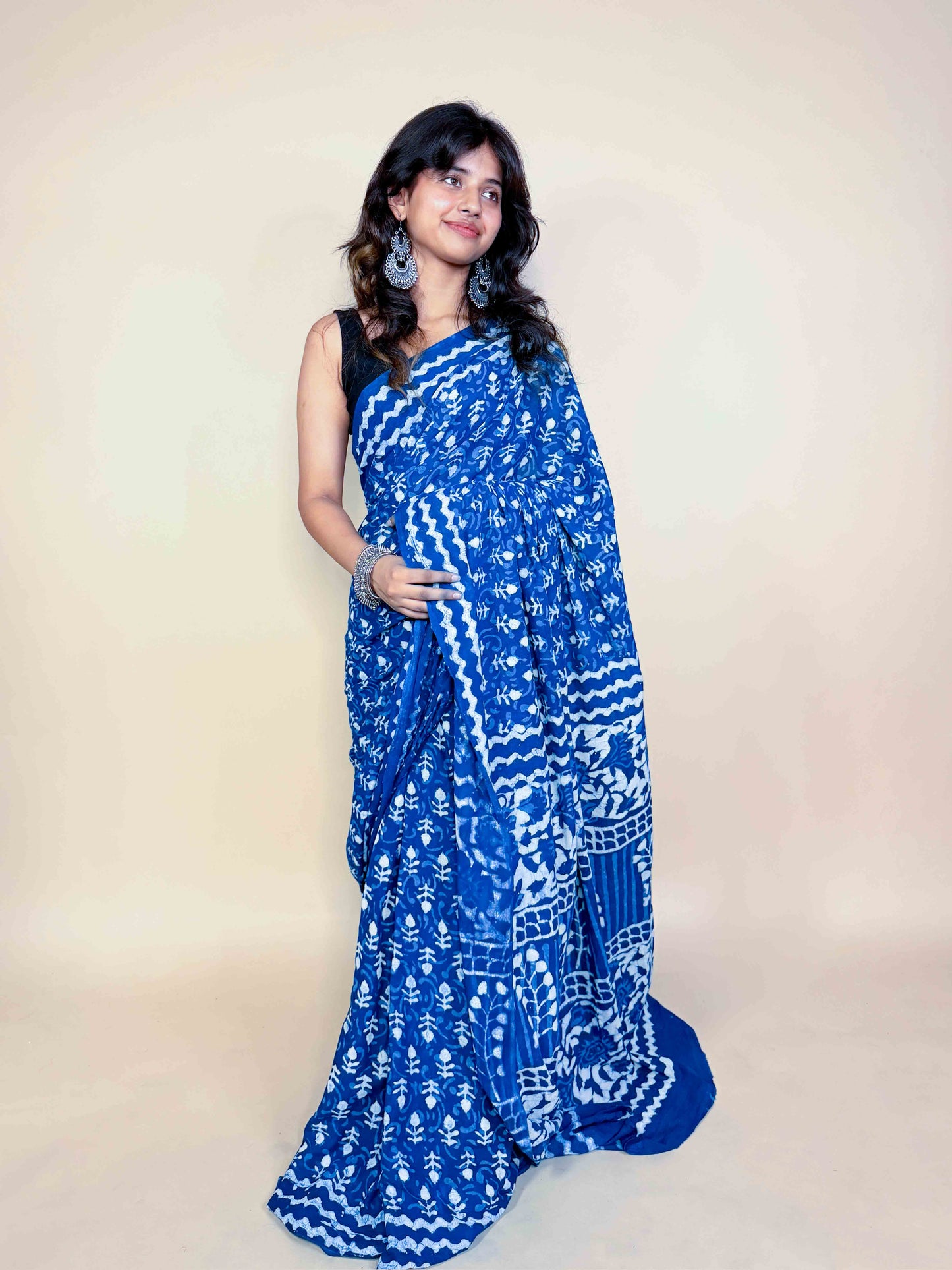 Indigo Blue Handblock Printed Cotton Saree