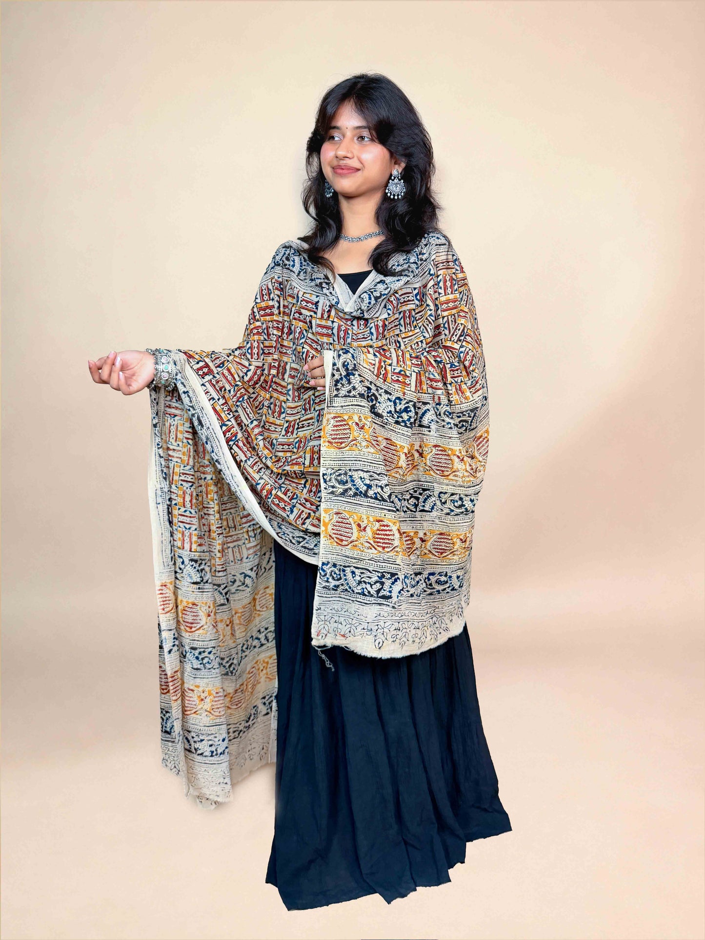Cream Kalamkari Handblock Printed Cotton Dupatta