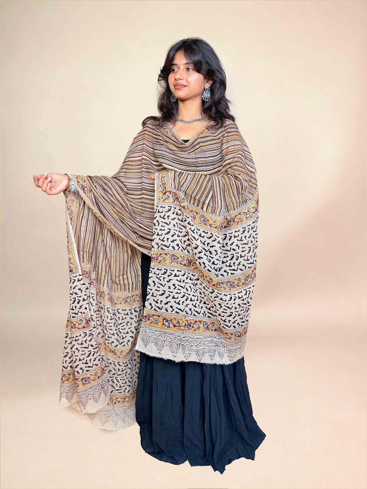 Cream & Mustard Kalamkari Handblock Printed Cotton Dupatta