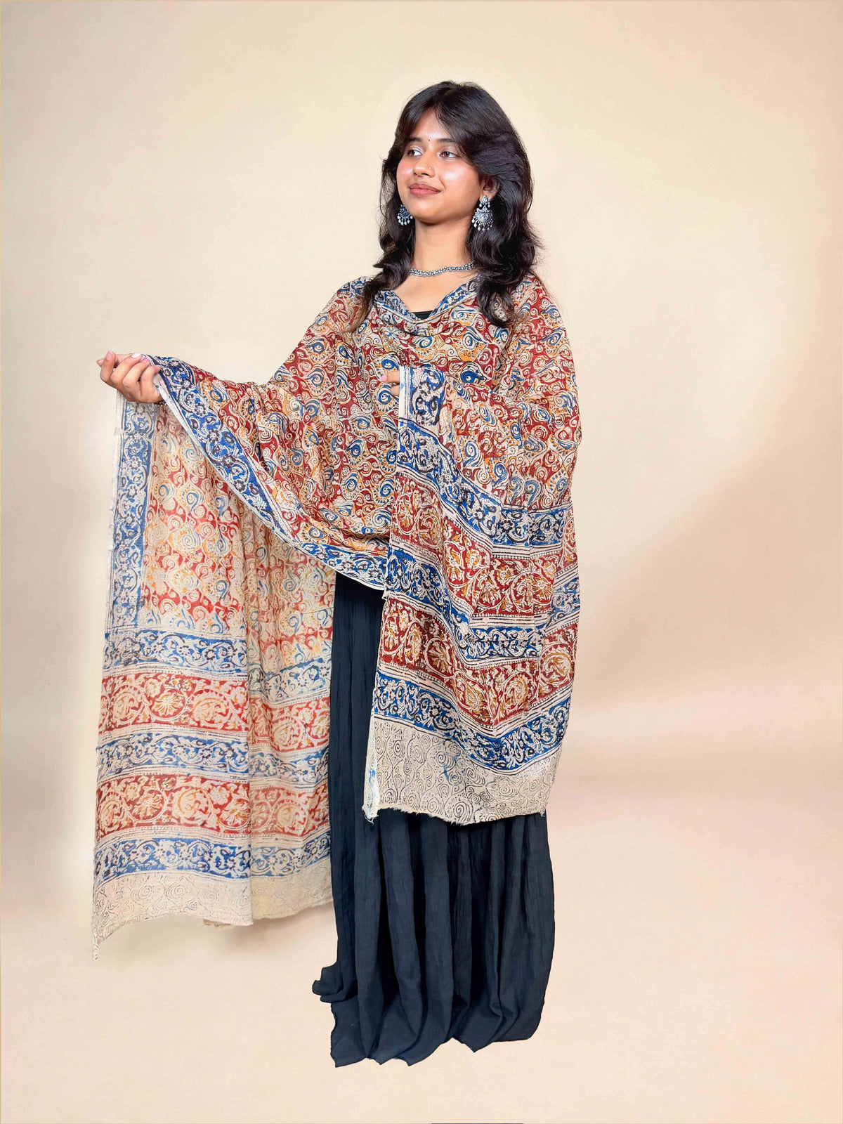 Cream Kalamkari Handblock Printed Cotton Dupatta