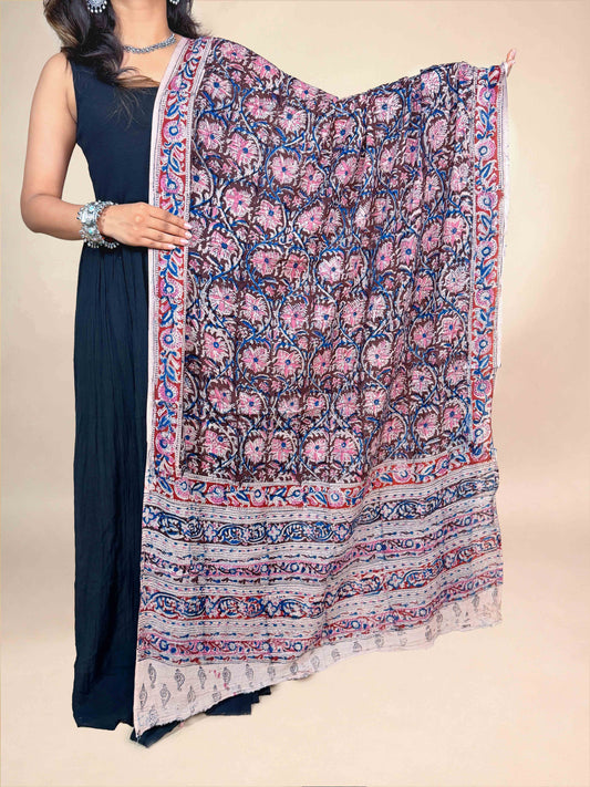 Deep Plum Brown Kalamkari Handblock Printed Cotton Dupatta