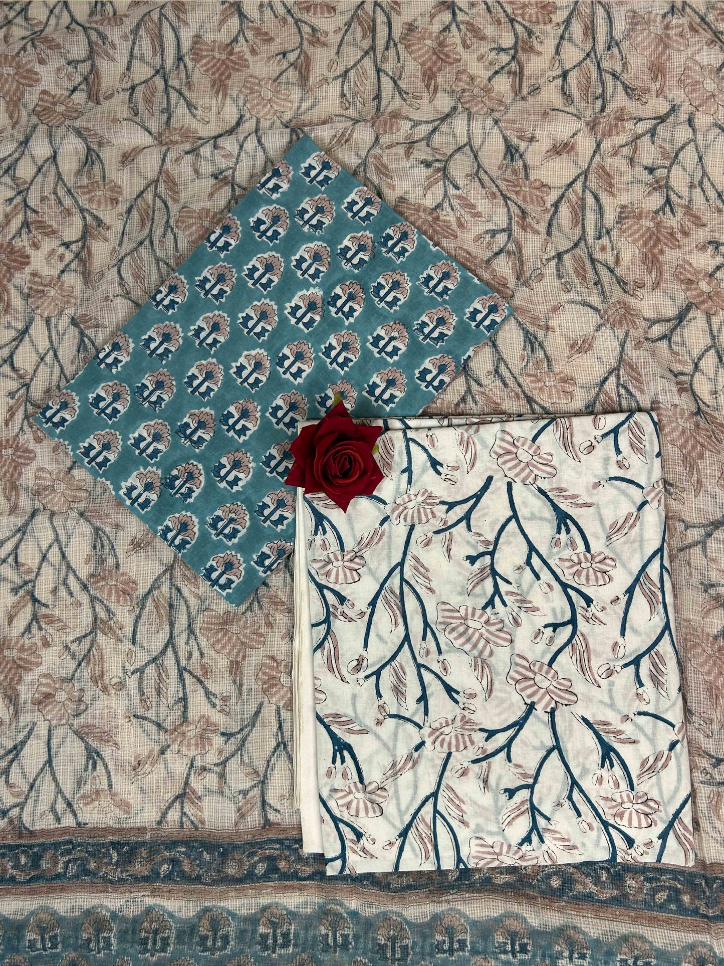 Sky Blue Kota Handblock Printed Cotton Suit Set