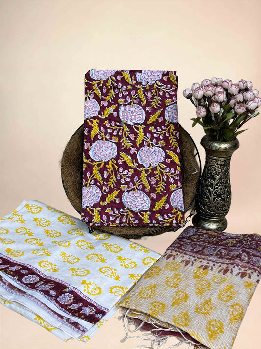 Maroon Kota Handblock Printed Cotton Suit Set