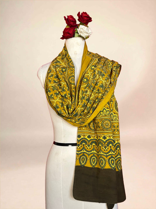 Mustard Ajrakh Handblock Printed Cotton Stoles