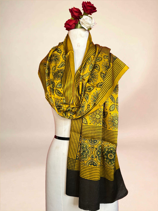 Mustard Ajrakh Handblock Printed Gaji Stoles