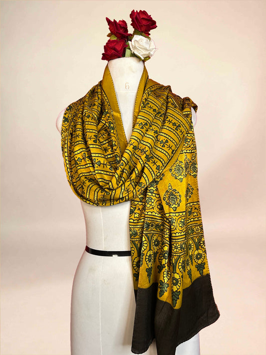 Mustard Floral Jaal Handblock Printed Ajrakh Gaji Stoles
