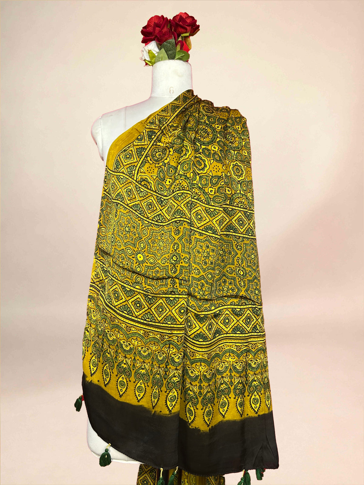 Mustard Ajrakh Handblock Printed Modalsilk Dupatta