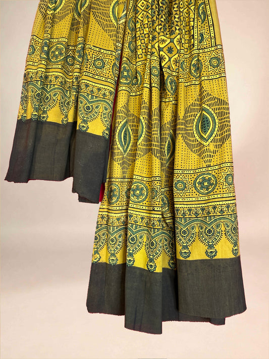 Mustard Yellow Ajarkh Cotton Handblock Printed Dupatta