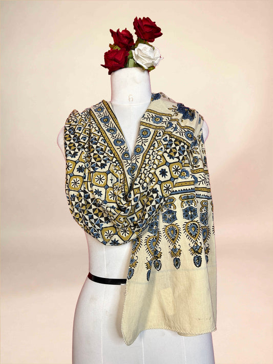 Off White Ajrakh Handblock Printed Cotton Stoles