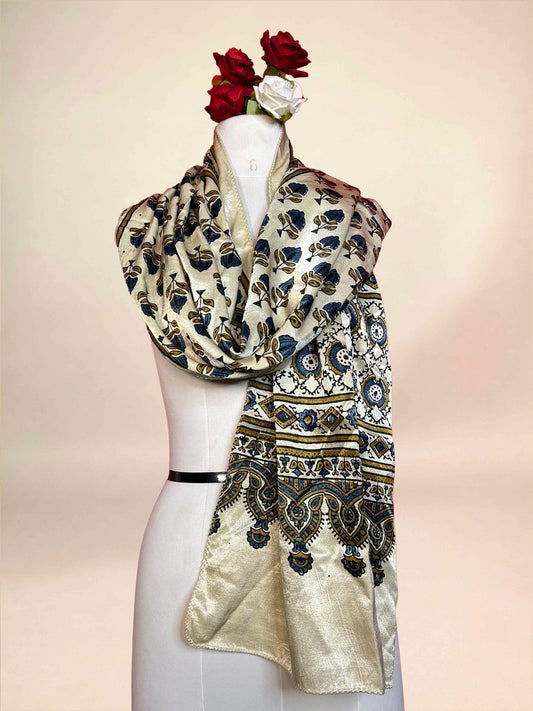 Off White Ajrakh Handblock Printed Gaji Stoles