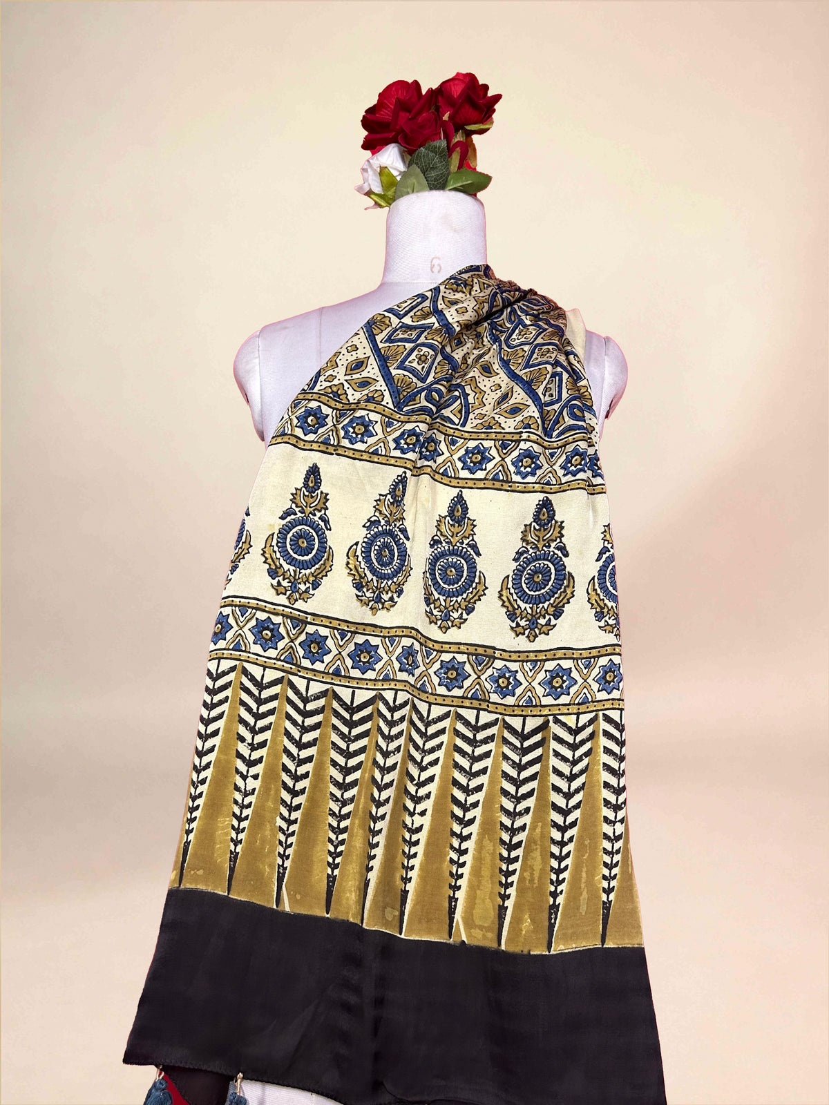 Off White Ajrakh Handblock Printed Modalsilk Dupatta